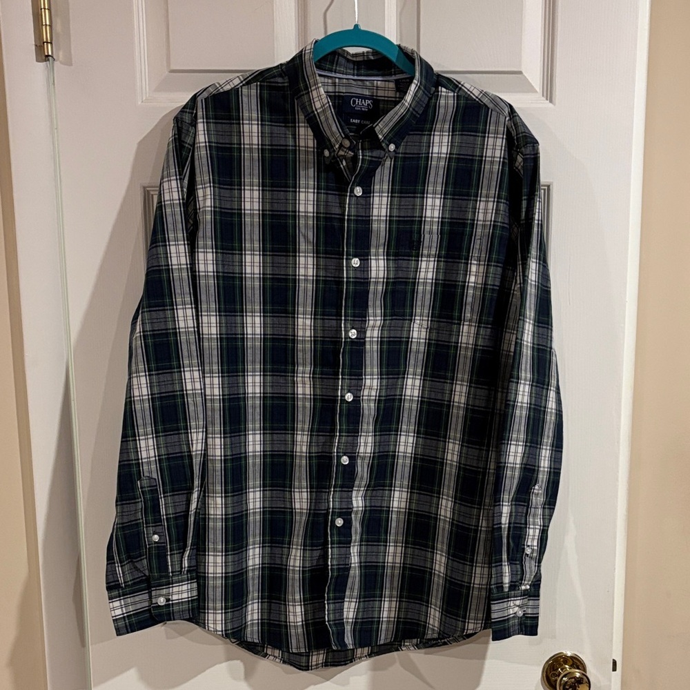 Chaps‎ Navy, Green, & White Plaid Button Down Shirt Men’s size Large